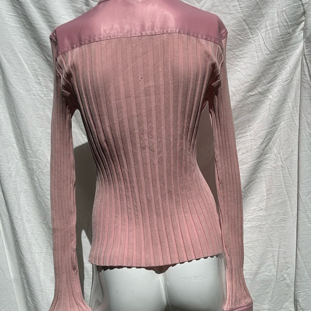 Cache Long Sleeve Silk Pink Ribbed Double Zip Shirt - Picture 3 of 12